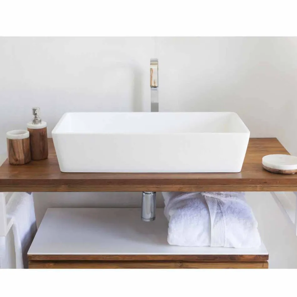 Lavabo sobre encimera rectangular en acabado Solid Surface blanco - Sider Viadurini