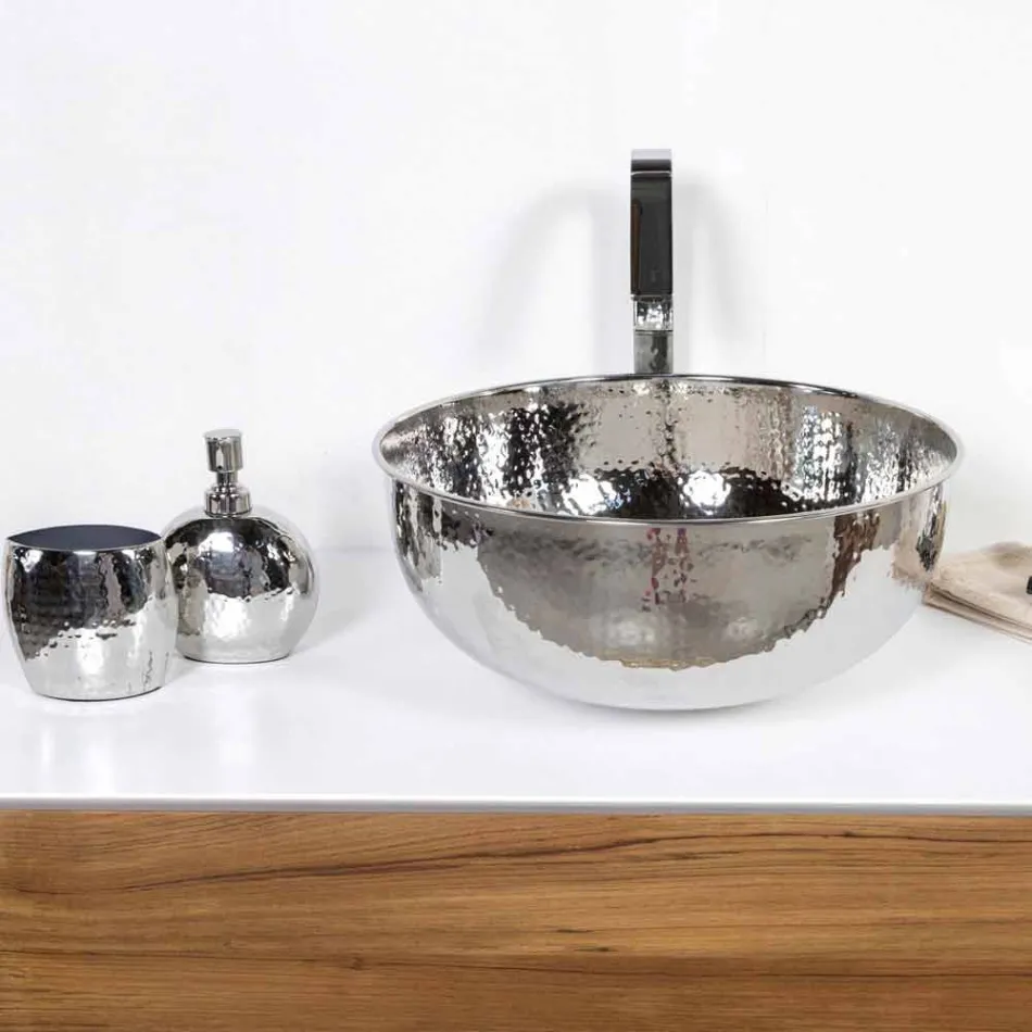 Lavabo sobre encimera redondo de latón cromado martillado - Diamond Viadurini