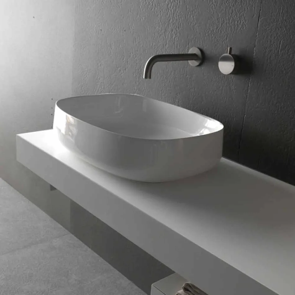 Lavabo sobre encimera de cerámica blanco de diseño moderno Made in Italy - Tune2 Viadurini