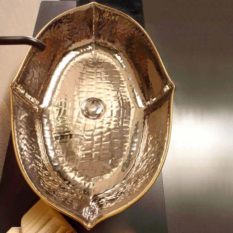 Lavabo sobre encimera de sobre encimera de cerámica y oro realizado en Italia Diseño de Oscar Viadurini