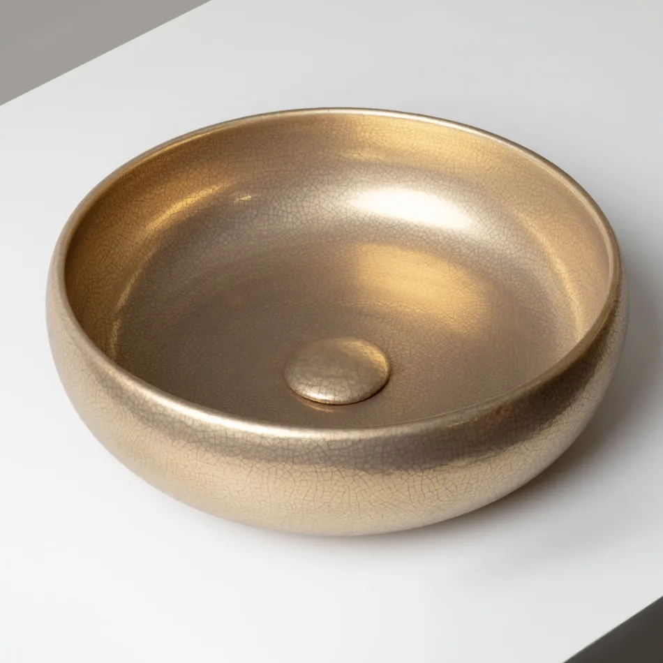 Lavabo de encimera de arcilla raku metálica torneada a mano - Prisma Viadurini