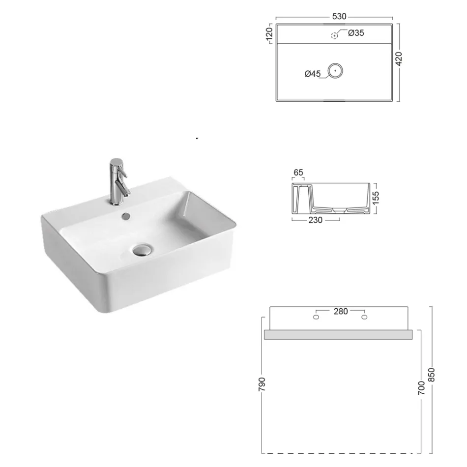 Fregadero de cerámica para encimera con orificio para grifo de diseño moderno - Papavero Viadurini
