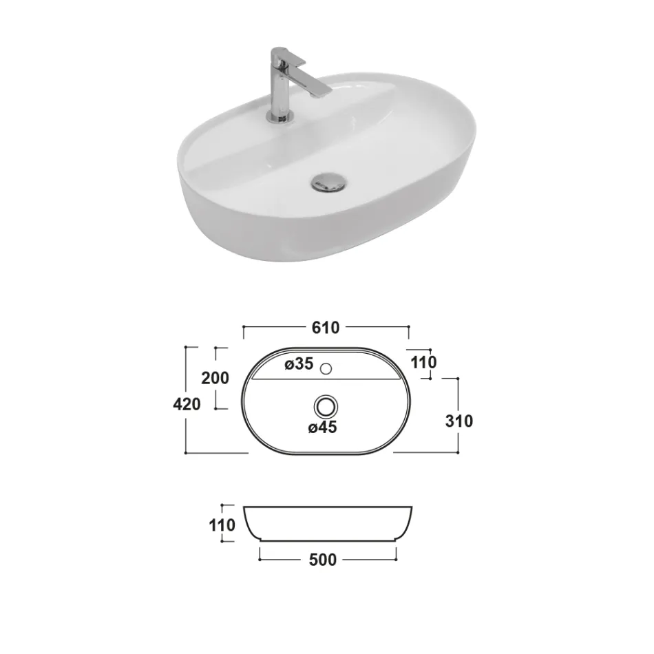 Fregadero de cerámica para encimera con orificio para grifo de diseño moderno - Papavero Viadurini