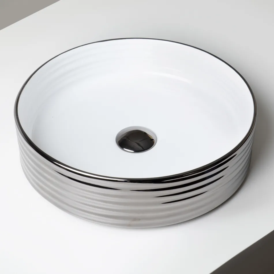 Lavabo sobre encimera de gres porcelánico ondulado fabricado en Italia - Vibrazione Viadurini