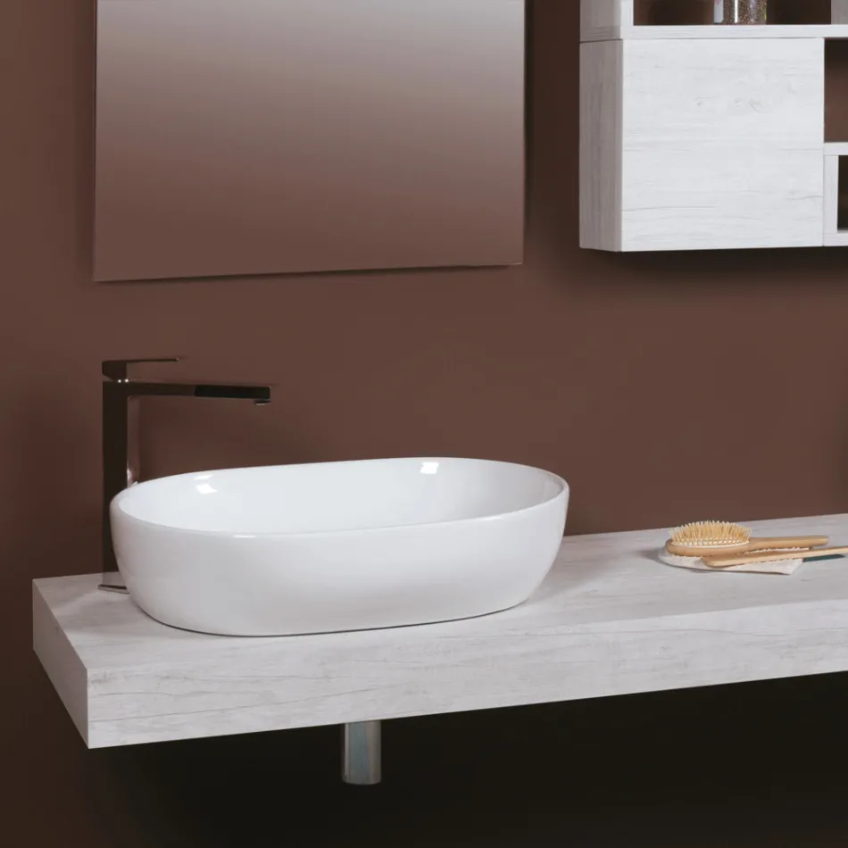 Lavabo ovalado de encimera en cerámica blanca con diseño moderno - Papavero Viadurini