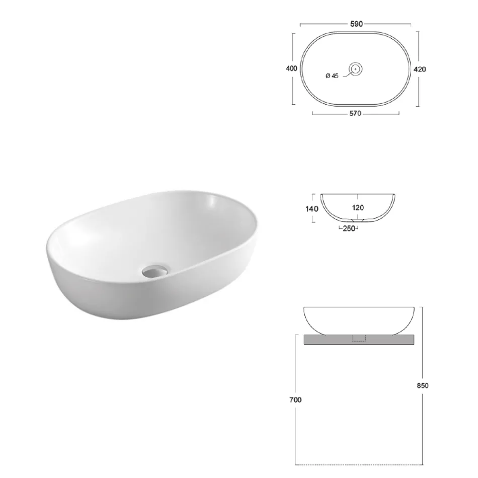 Lavabo ovalado de encimera en cerámica blanca con diseño moderno - Papavero Viadurini