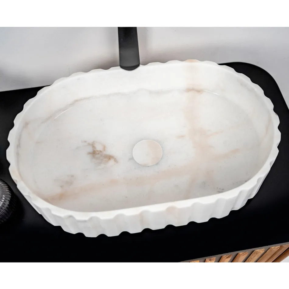 Lavabo sobre encimera ovalado para baño fabricado en mármol blanco - Cunzite Viadurini