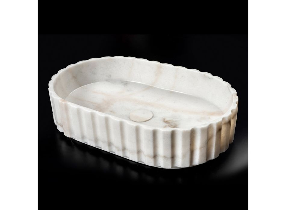 Lavabo sobre encimera ovalado para baño fabricado en mármol blanco - Cunzite Viadurini
