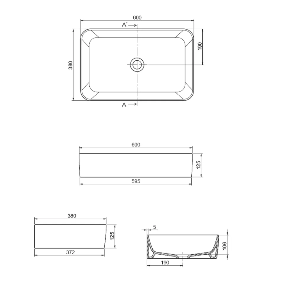 Lavabo rectangular de cerámica para encimera Aster con diseño moderno Viadurini