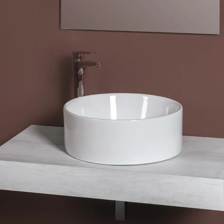 Lavabo redondo de encimera en cerámica blanca y diseño moderno - Papavero Viadurini