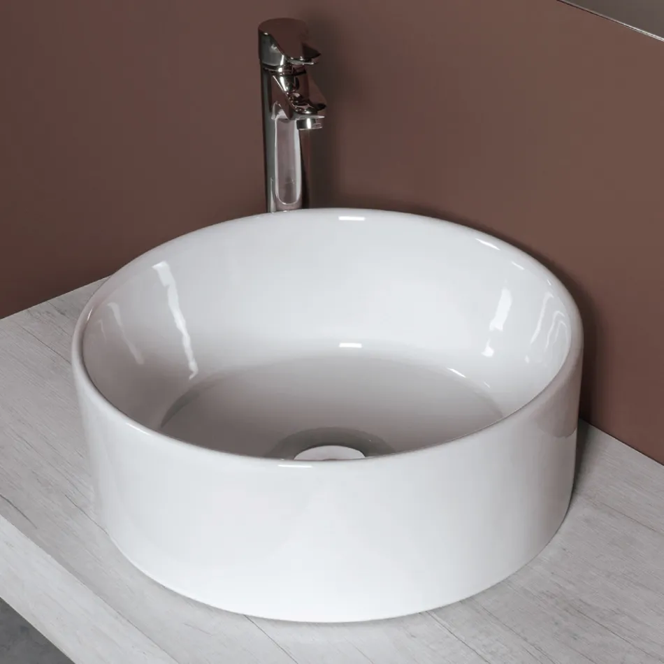 Lavabo redondo de encimera en cerámica blanca y diseño moderno - Papavero Viadurini