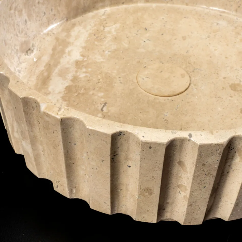 Lavabo sobre encimera redondo fabricado en mármol travertino - Cattleya Viadurini
