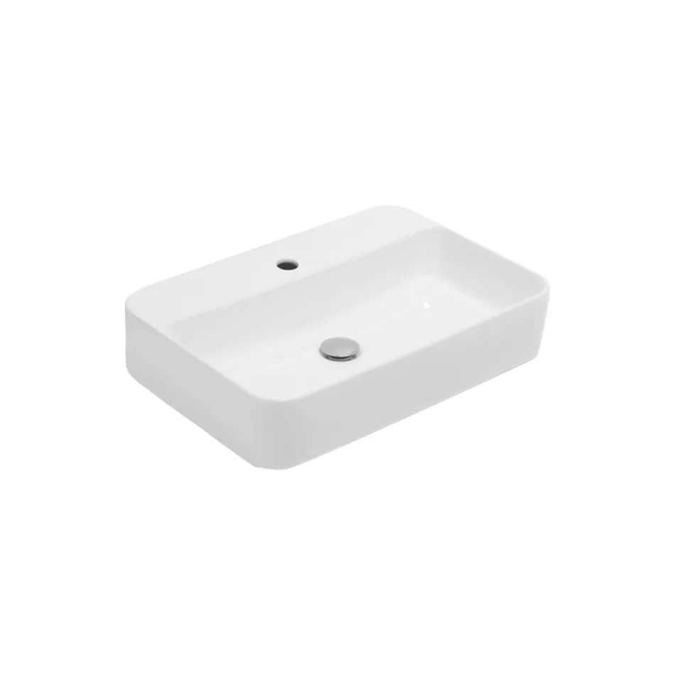 Lavabo de encimera cuadrado Aster en cerámica blanca con orificio para grifo Viadurini