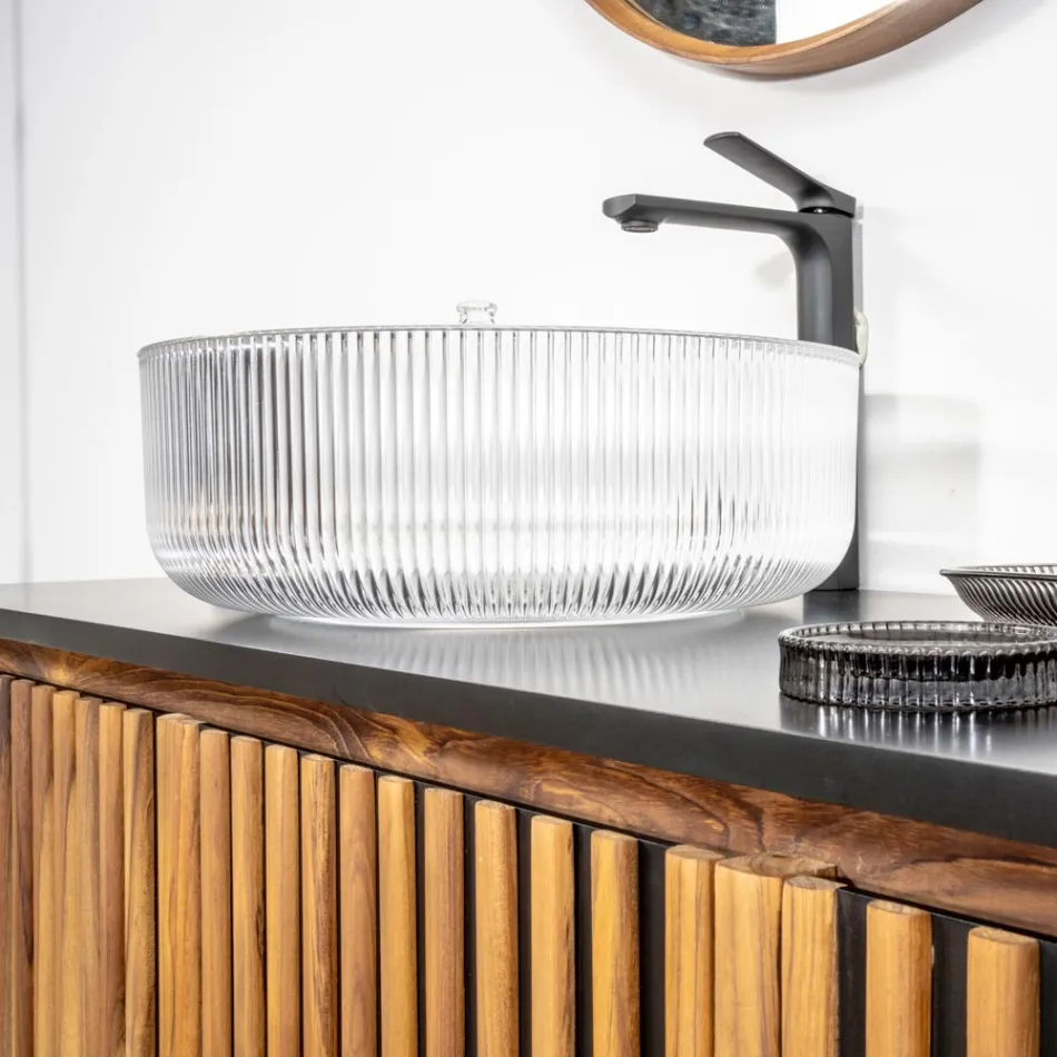 Lavabo sobre encimera redondo en vidrio veneciano plisado Made in Italy - Zircon Viadurini