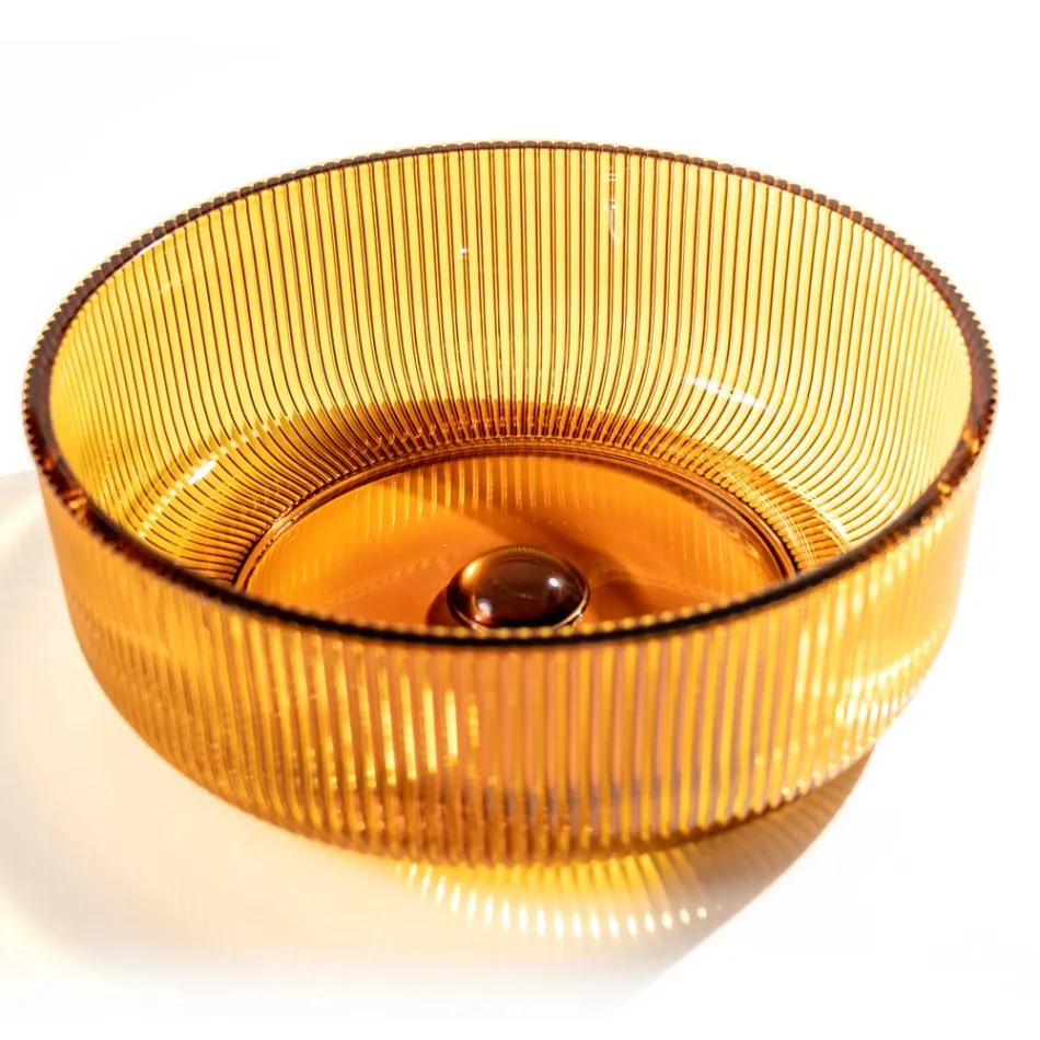 Lavabo sobre encimera redondo en vidrio veneciano plisado Made in Italy - Zircon Viadurini