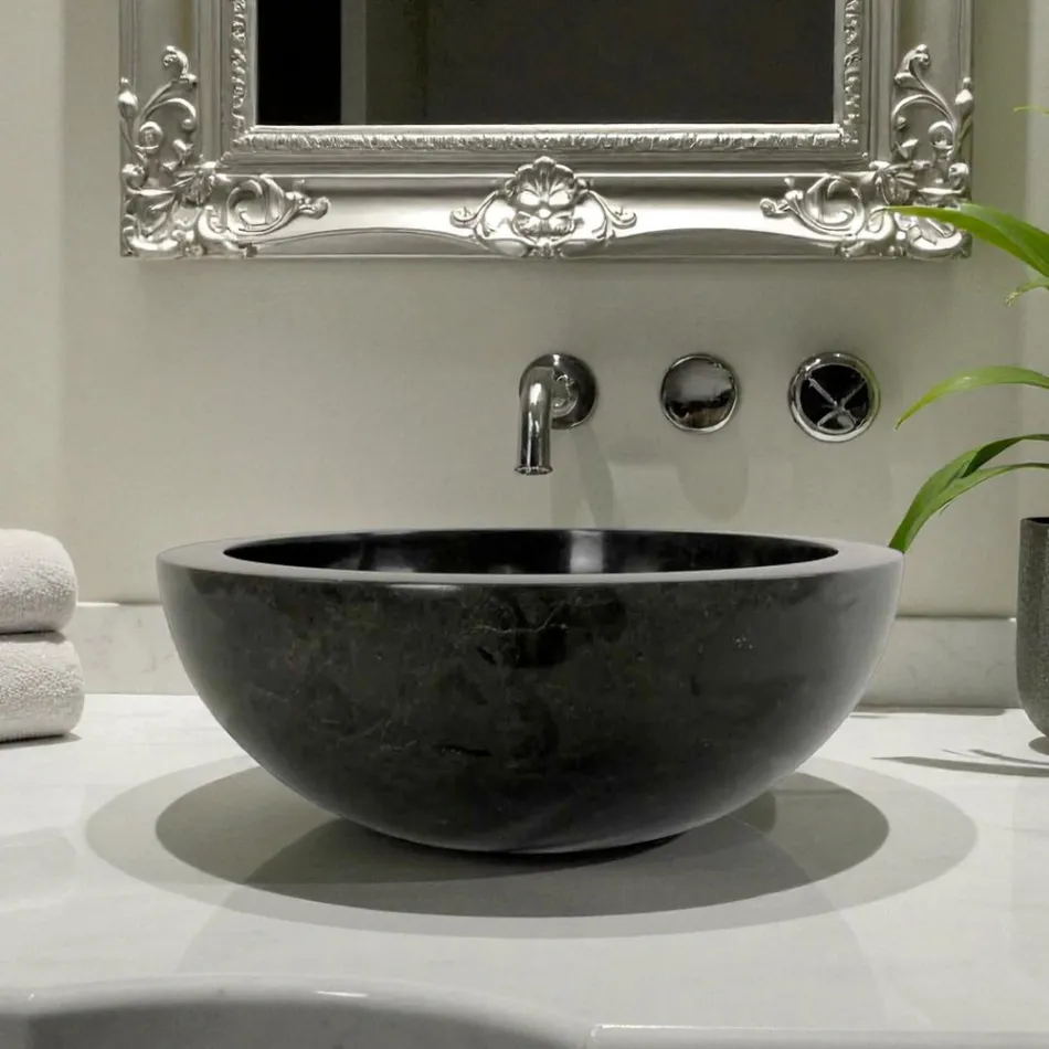 Lavabo sobre encimera redondo negro en piedra natural Levi, pieza única Viadurini