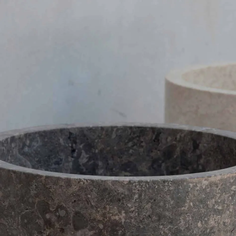 Lavabo de baño independiente cilíndrico en mármol gris - Cremino Viadurini