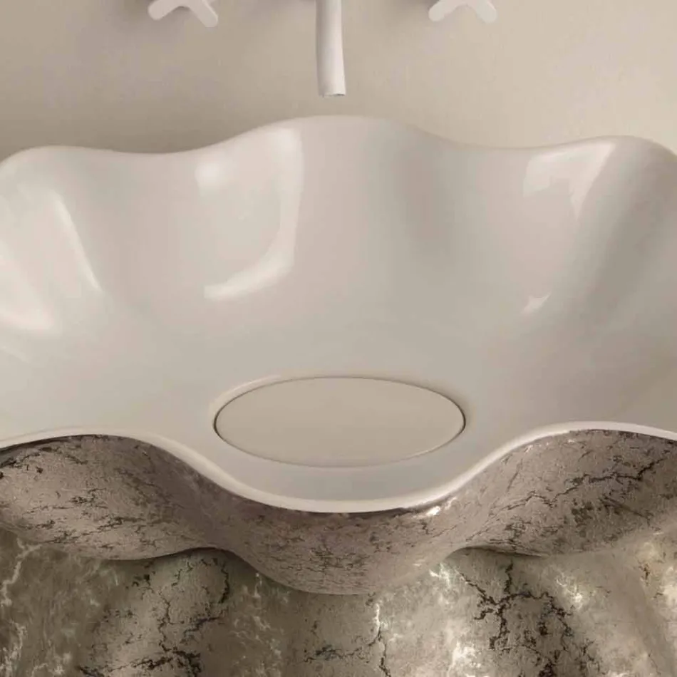 Lavabo sobre encimera de cerámica blanca plateada realizado en Italia Cubo Viadurini