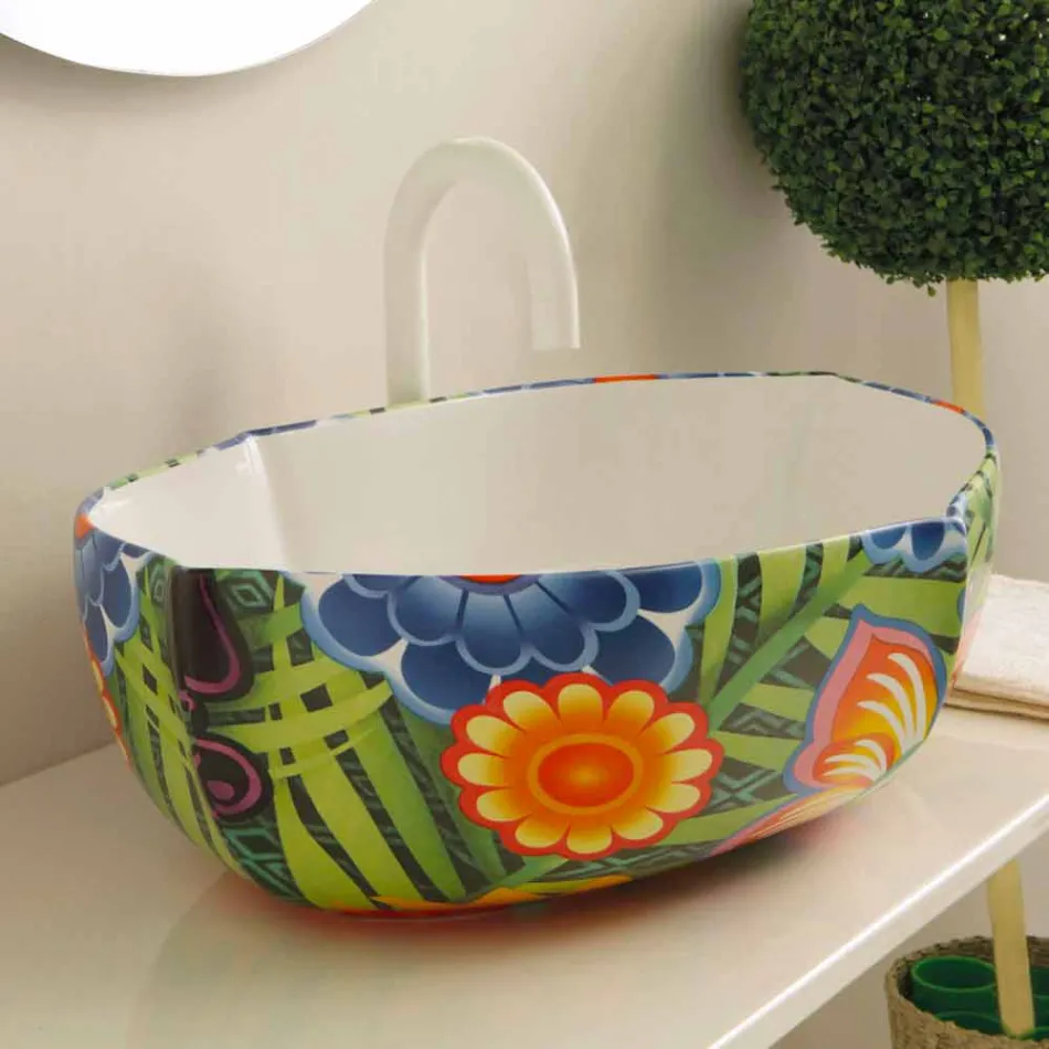 Lavabo sobre encimera de cerámica de diseño, realizado en Italia Oscar Viadurini