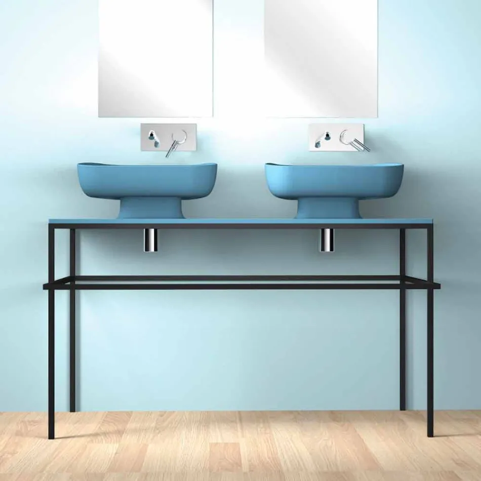 Lavabo doble de cerámica moderno de pared hecho en Italia, Reale Viadurini