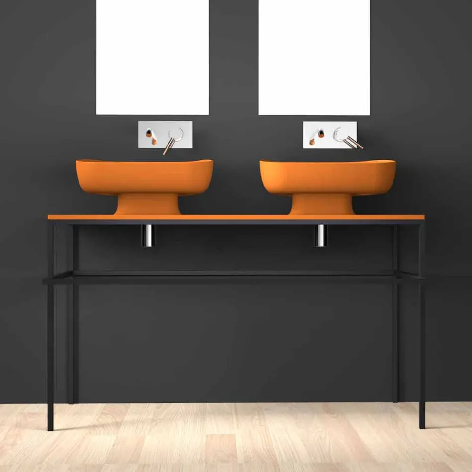 Lavabo doble de cerámica moderno de pared hecho en Italia, Reale Viadurini