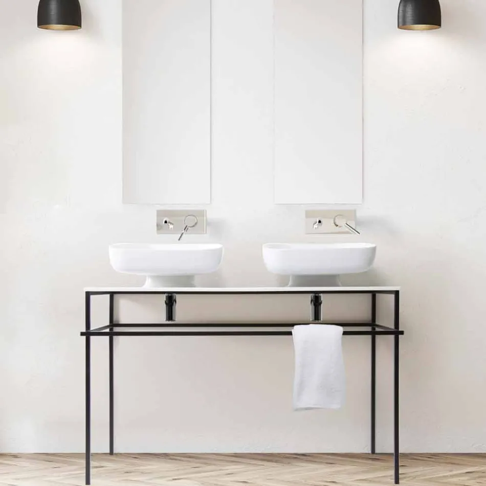 Lavabo doble de cerámica moderno de pared hecho en Italia, Reale Viadurini