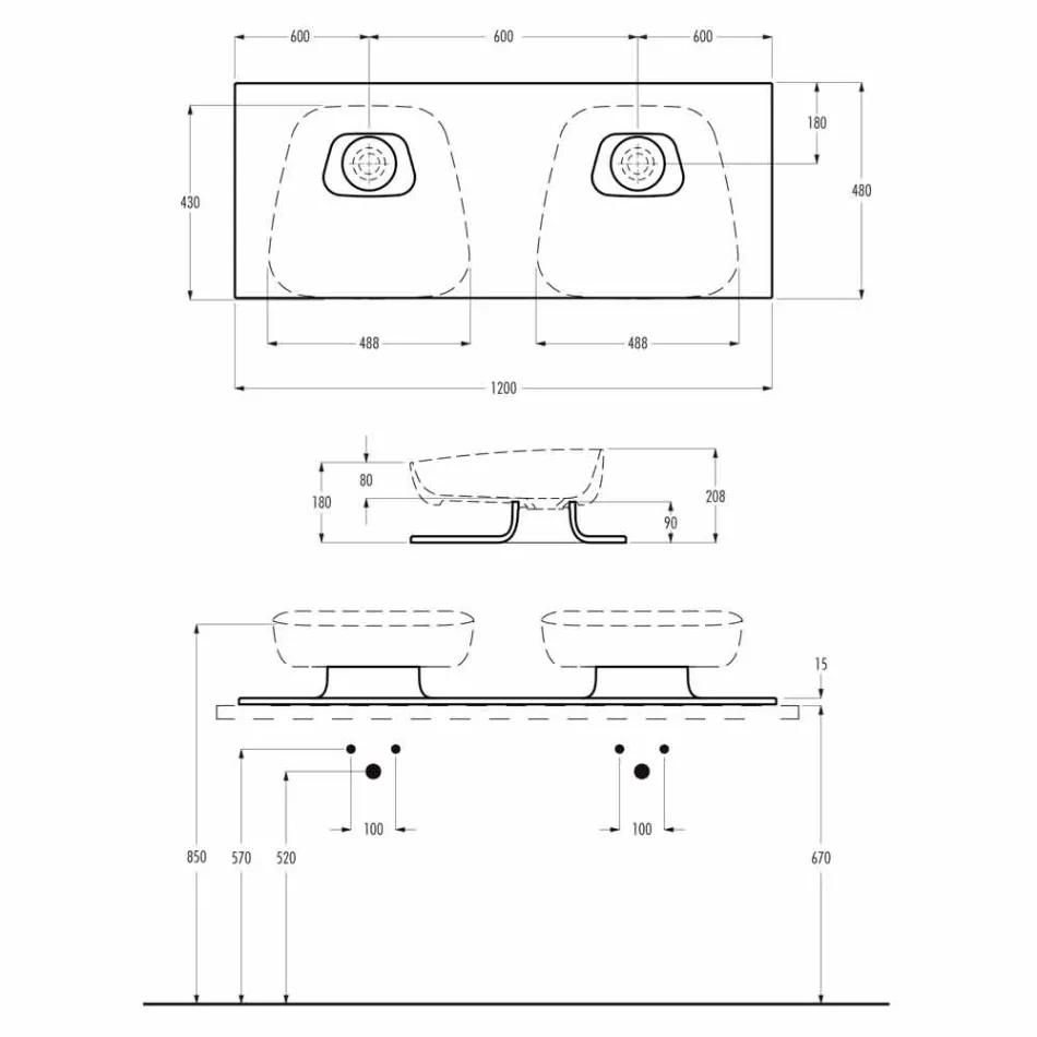 Lavabo doble de cerámica moderno de pared hecho en Italia, Reale Viadurini