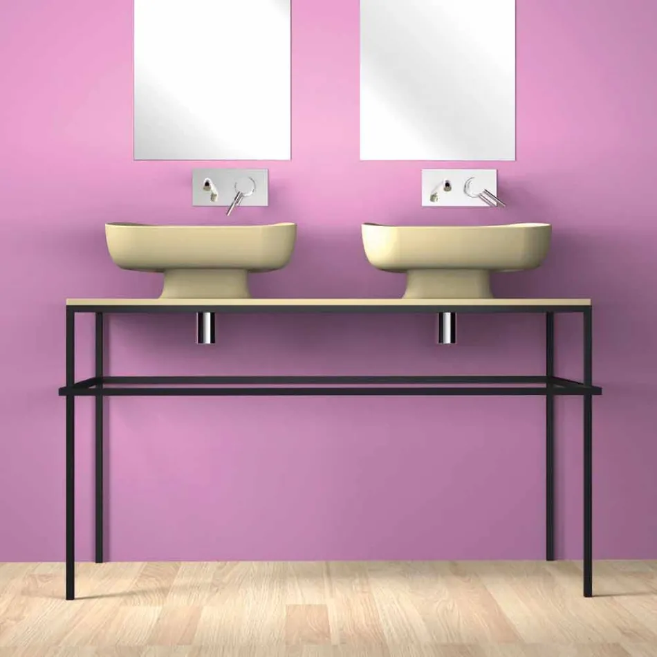 Lavabo doble de cerámica moderno de pared hecho en Italia, Reale Viadurini