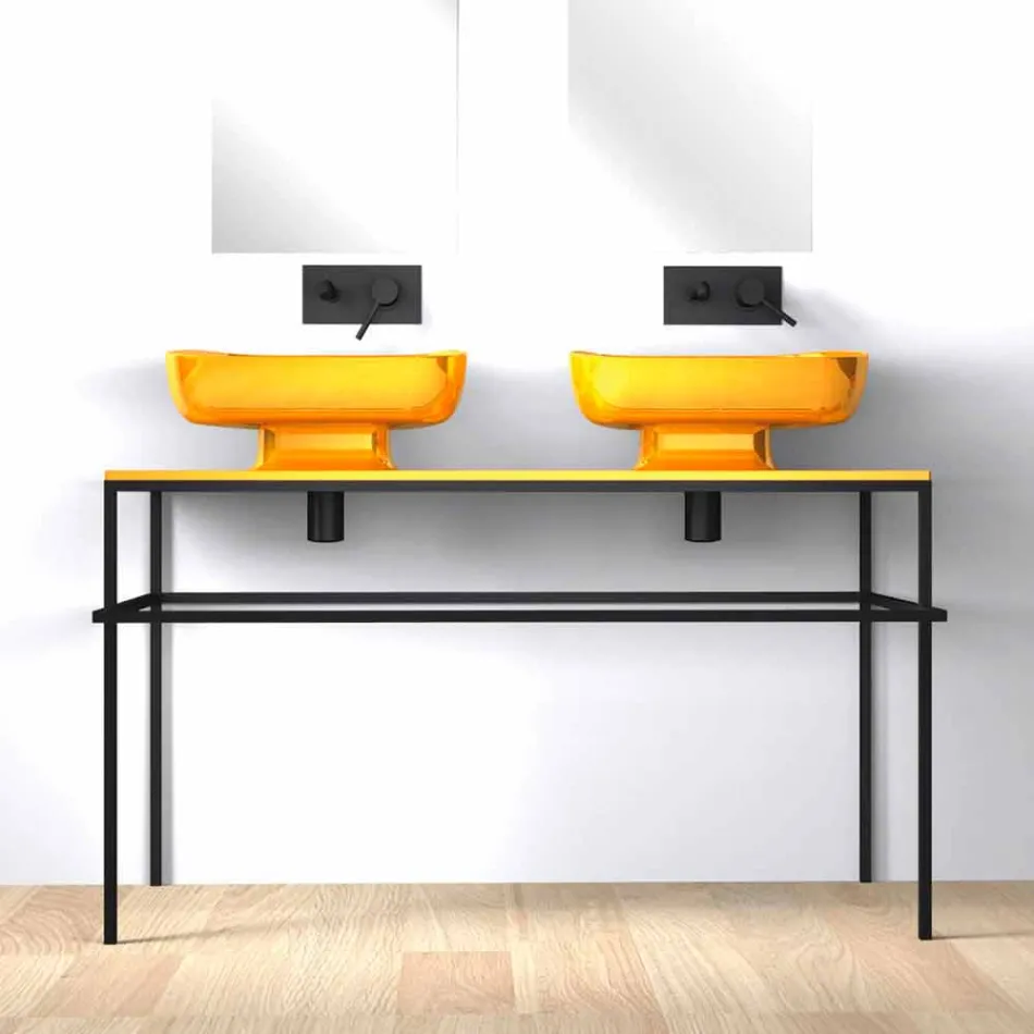 Lavabo doble de cerámica moderno de pared hecho en Italia, Reale Viadurini