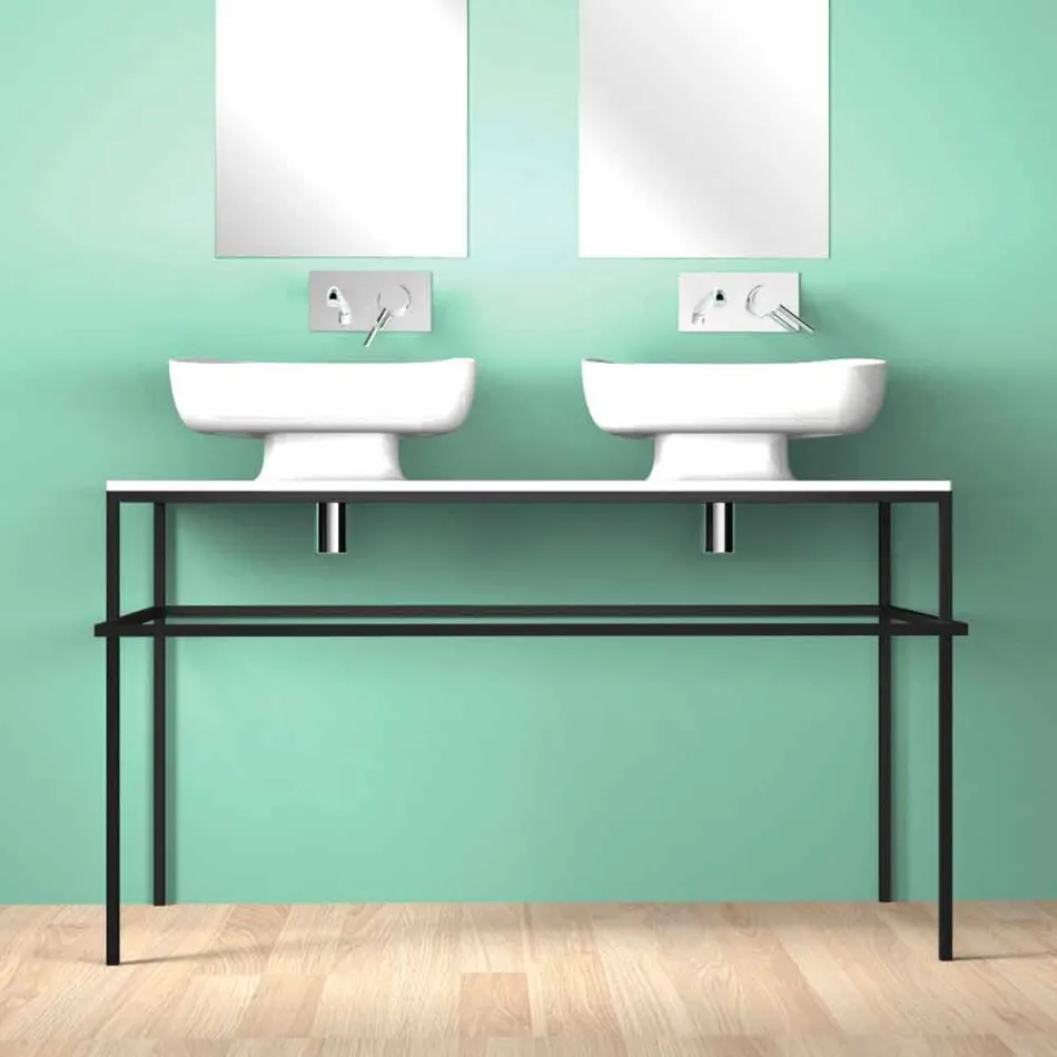 Lavabo doble de cerámica moderno de pared hecho en Italia, Reale Viadurini