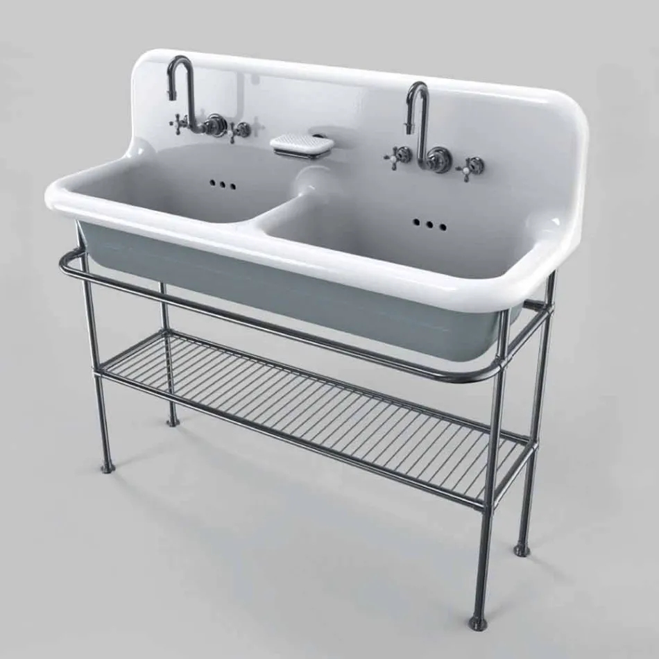 lavabo de cerámica con dos tazones en estructura de soporte Calvin Viadurini