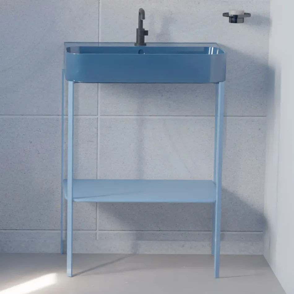 Lavabo de cerámica con estructura al suelo con estante Made in Italy - Graffa Viadurini