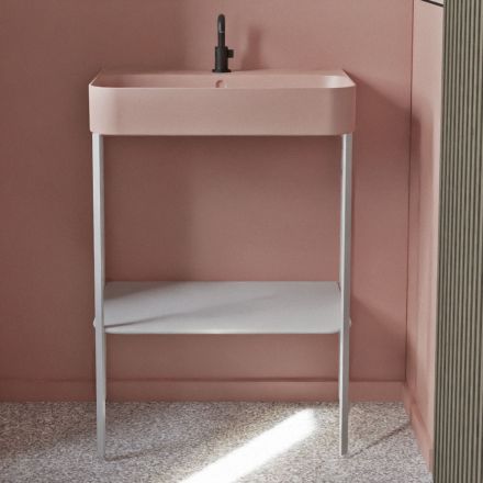 Lavabo de cerámica con estructura al suelo con estante Made in Italy - Graffa Viadurini