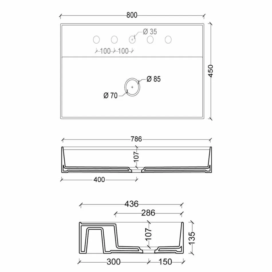 Lavabo de cerámica suspendido de diseño moderno Sun 80x45 cm, hecho en Italia Viadurini