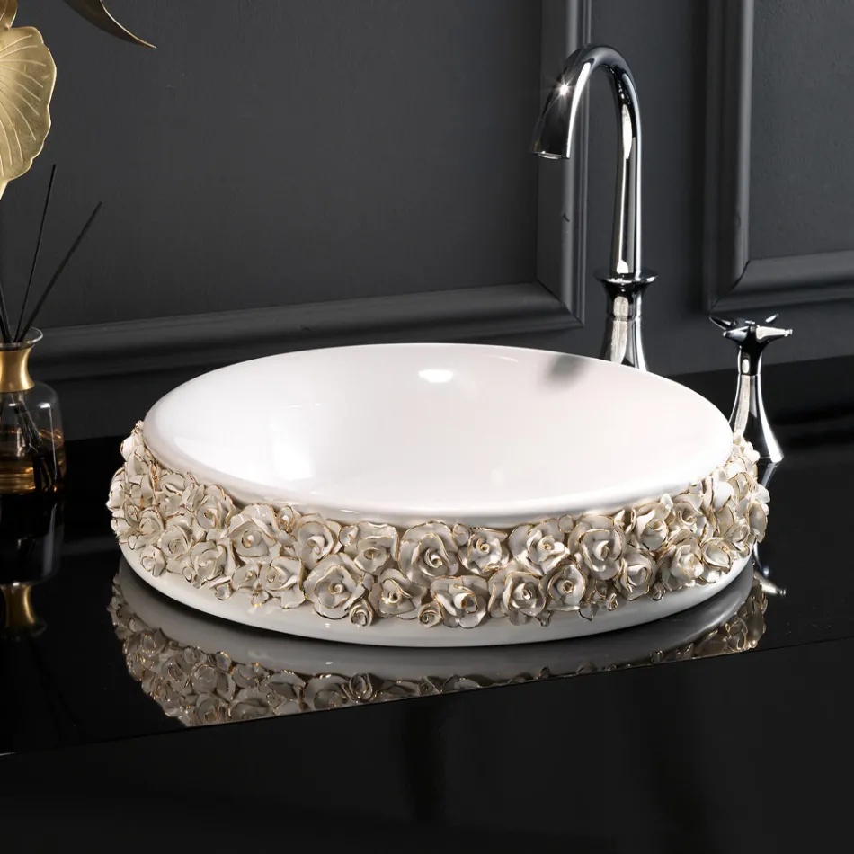 Lavabo de porcelana con pétalos aplicados a mano Made in Italy - Amarone Viadurini