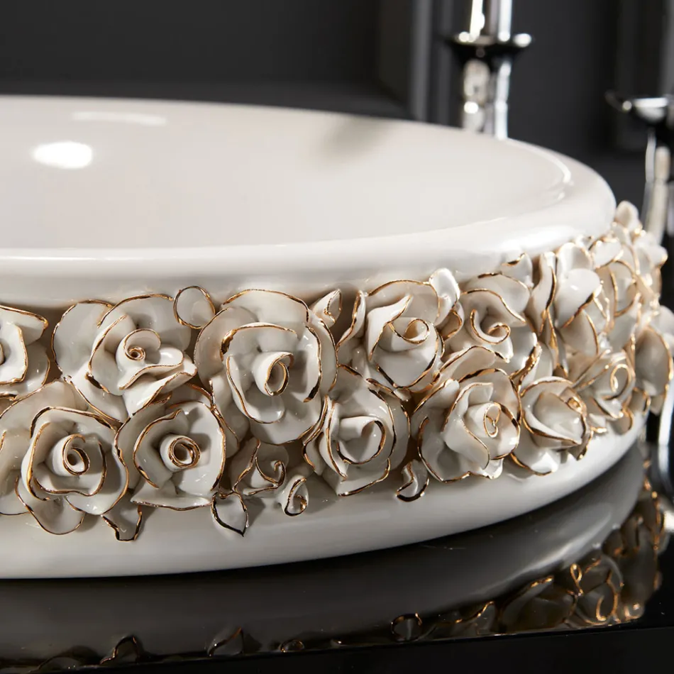 Lavabo de porcelana con pétalos aplicados a mano Made in Italy - Amarone Viadurini