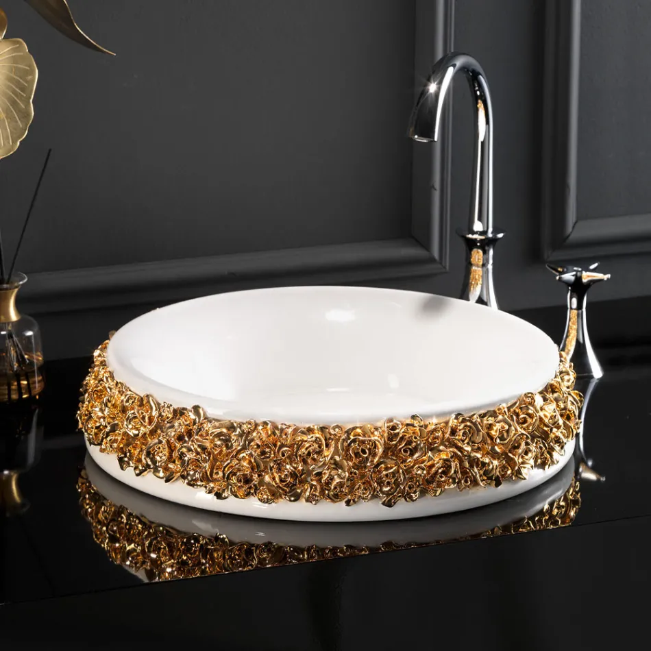 Lavabo de porcelana con pétalos aplicados a mano Made in Italy - Amarone Viadurini