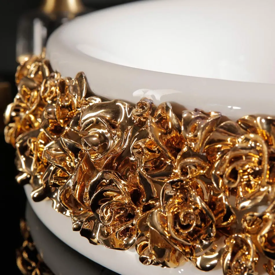 Lavabo de porcelana con pétalos aplicados a mano Made in Italy - Amarone Viadurini