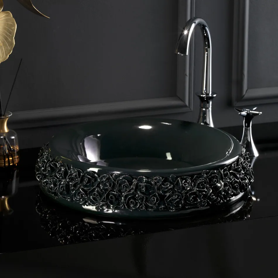 Lavabo de porcelana con pétalos aplicados a mano Made in Italy - Amarone Viadurini