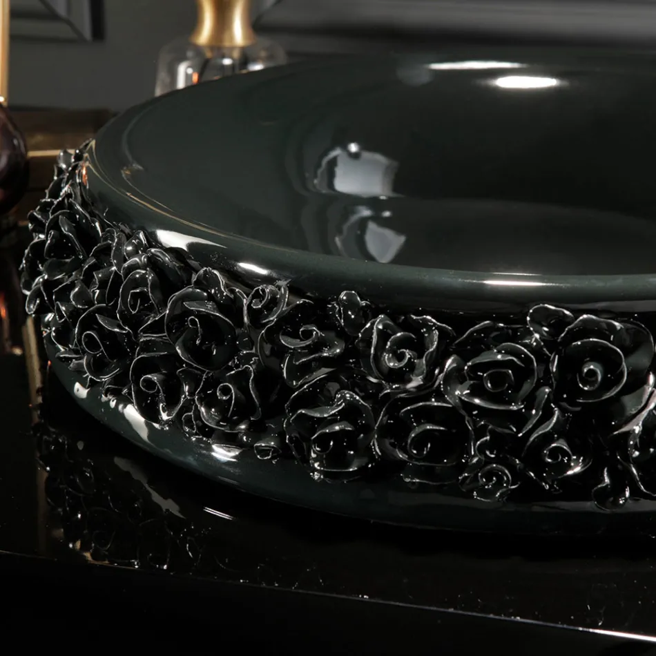 Lavabo de porcelana con pétalos aplicados a mano Made in Italy - Amarone Viadurini