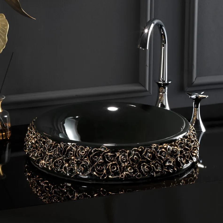 Lavabo de porcelana con pétalos aplicados a mano Made in Italy - Amarone Viadurini