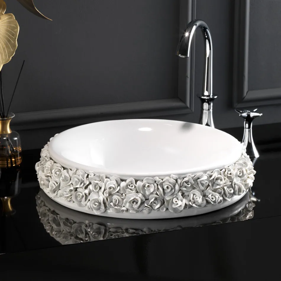 Lavabo de porcelana con pétalos aplicados a mano Made in Italy - Amarone Viadurini