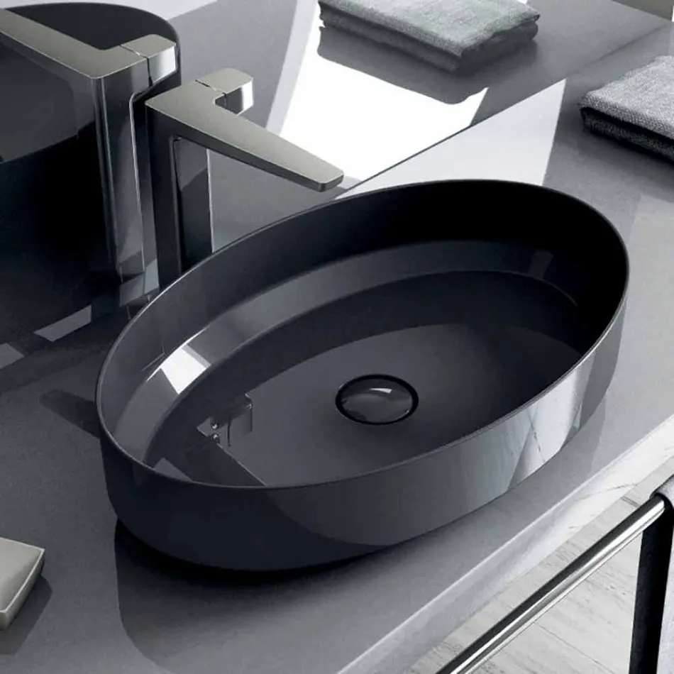 Lavabo sobre encimera óvalo de cerámica hecho en Italia, Yoel Viadurini