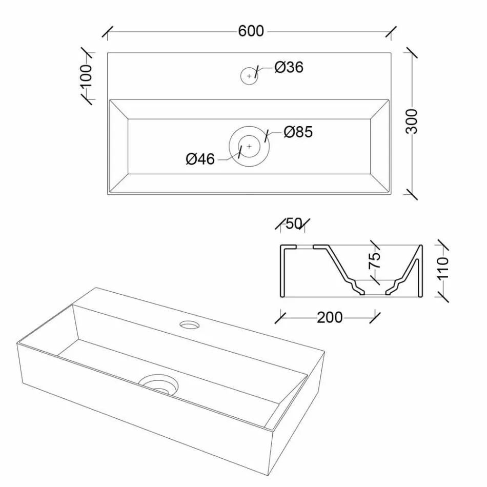 Lavabo moderno rectangular sobre encimera o suspendido 60x30 cm en cerámica - Actuar Viadurini