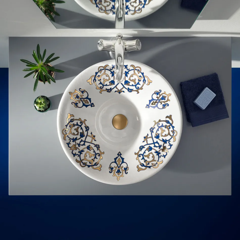 Lavabo semiencastrado con adornos Azul Cobalto y Oro o Oro Made in Italy - Capatosta Viadurini