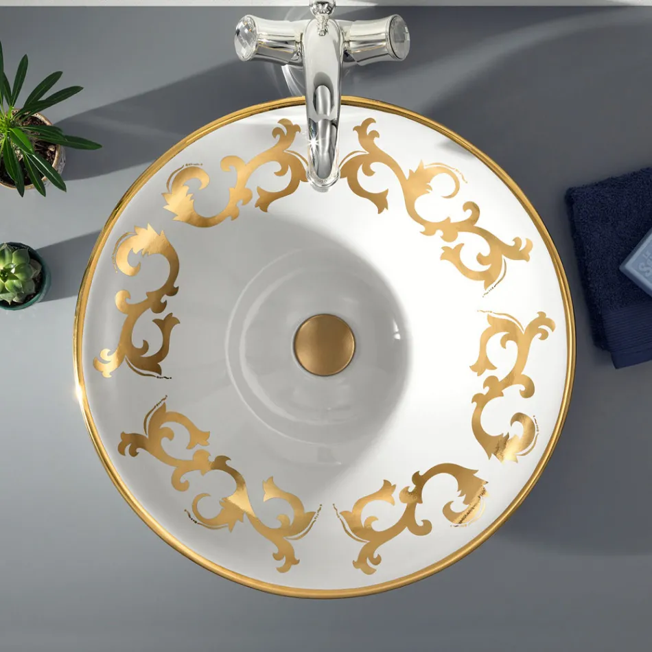 Lavabo semiencastrado con adornos Azul Cobalto y Oro o Oro Made in Italy - Capatosta Viadurini