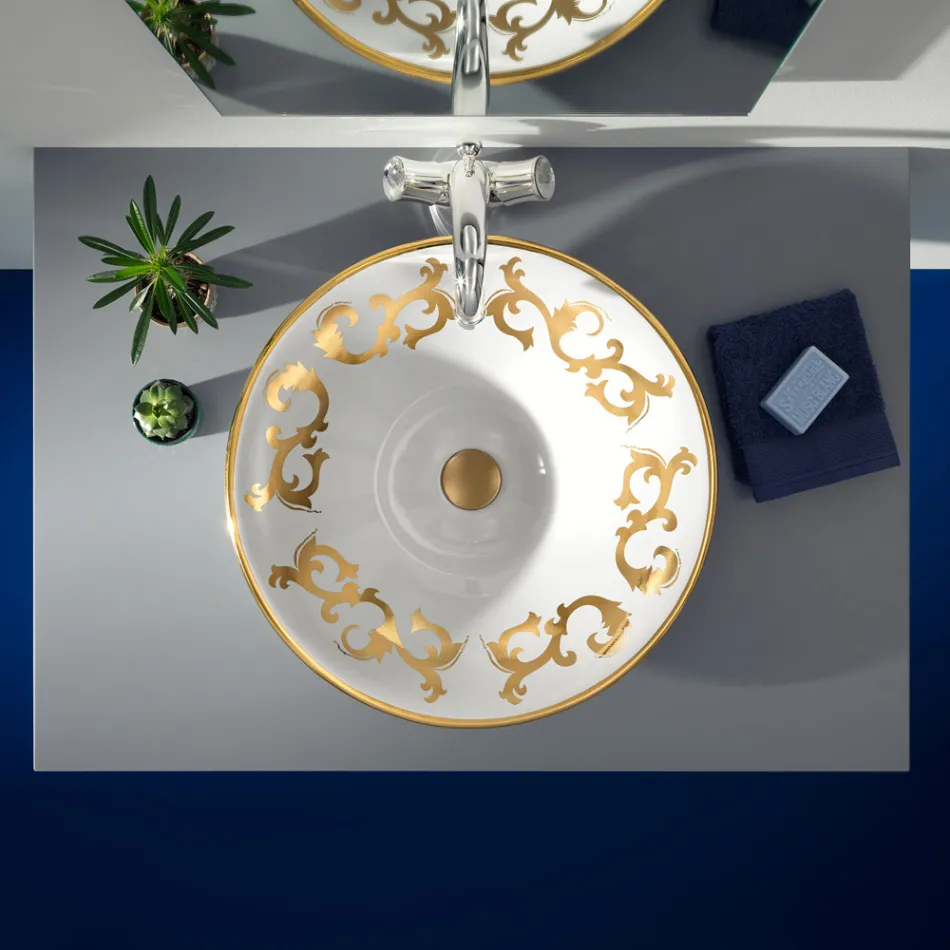 Lavabo semiencastrado con adornos Azul Cobalto y Oro o Oro Made in Italy - Capatosta Viadurini