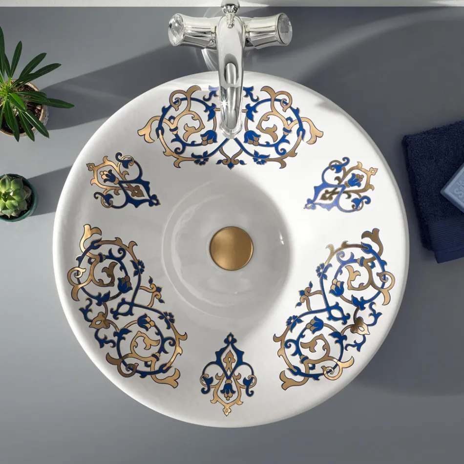 Lavabo semiencastrado con adornos Azul Cobalto y Oro o Oro Made in Italy - Capatosta Viadurini