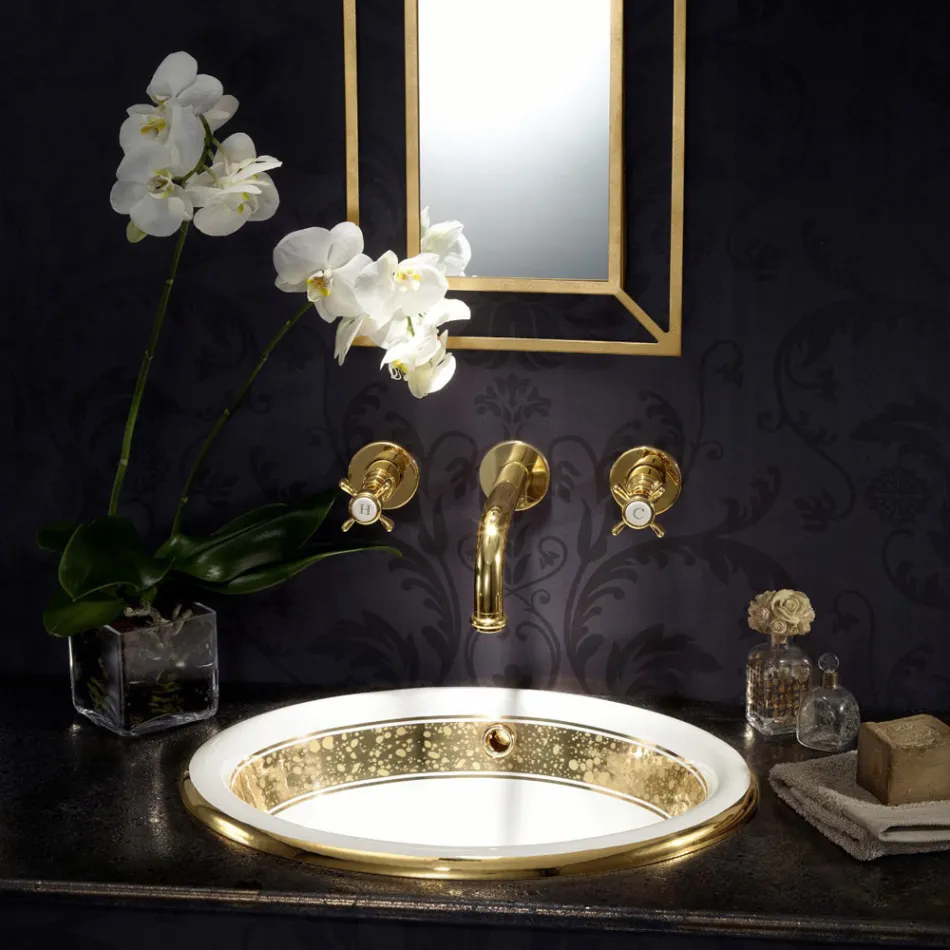 Lavabo semiencastrado en Fire Clay con banda en diferentes acabados - Botticino Viadurini