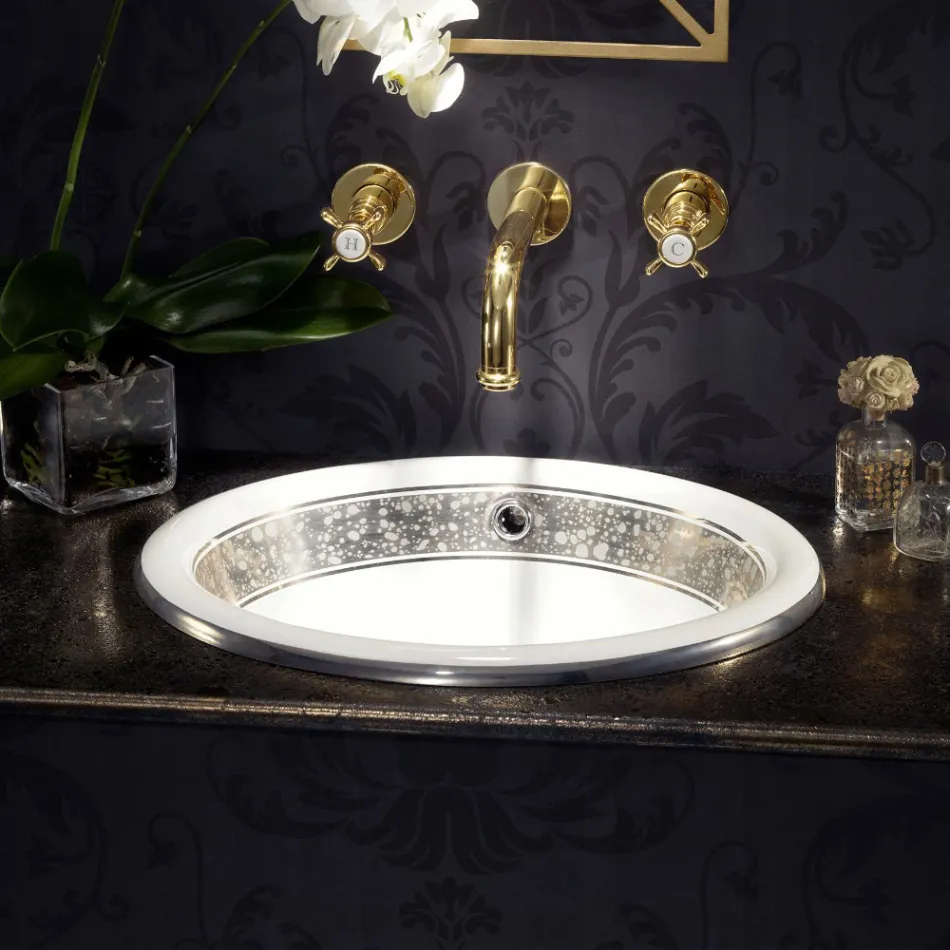 Lavabo semiencastrado en Fire Clay con banda en diferentes acabados - Botticino Viadurini